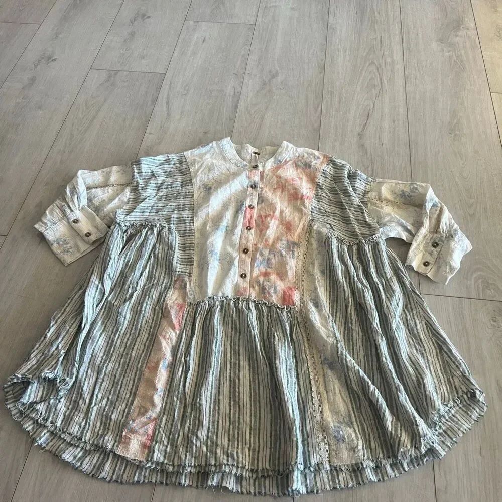 Free People Charlie Mixed Print Lace Inset Cute Vintage Tunic Top size m